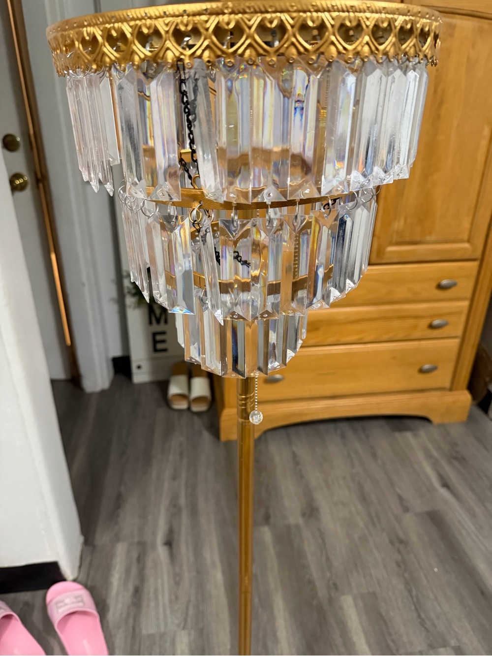 Gold and Crystal Tiered Floor Lamp with Prism Glass Drops